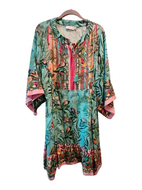 Viscose Kimono sleeve Vneck dress with tropical print