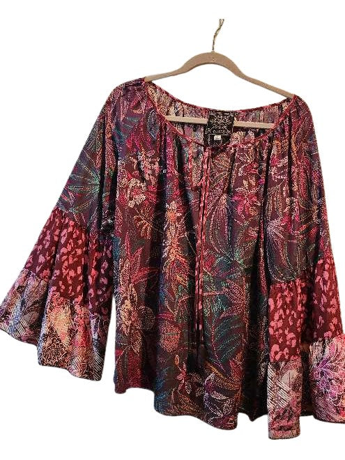 Silk long wide sleeve v neck peasant shirt