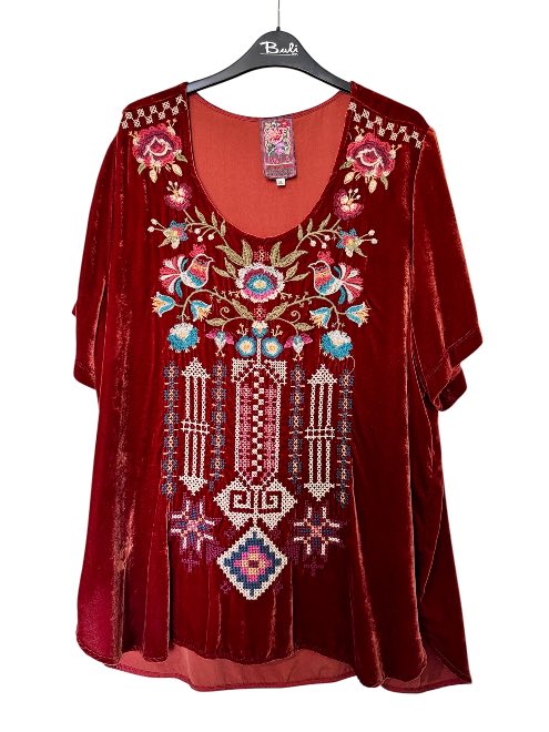 Velvet Short Sleeve Embroidered Top - Pumpkin