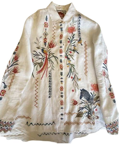 White linen with embroidery bird, horse, flowers and zigzag