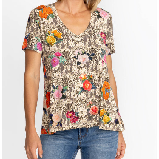 The Janie Favorite Short Sleeve V-Neck Swing Tee - Rose Lace
