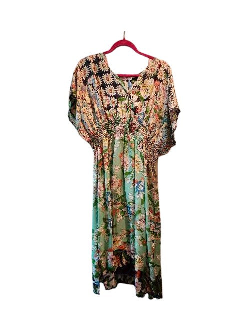 Silk short sleeve Vneck empire waist dress with floral design