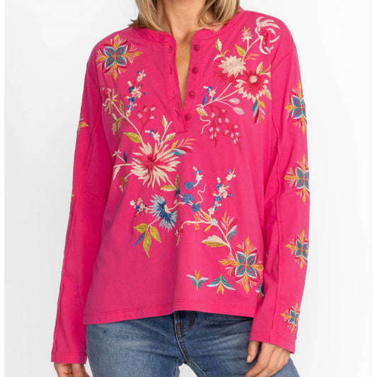 Julie Raw Seam Henley - Fuchsia