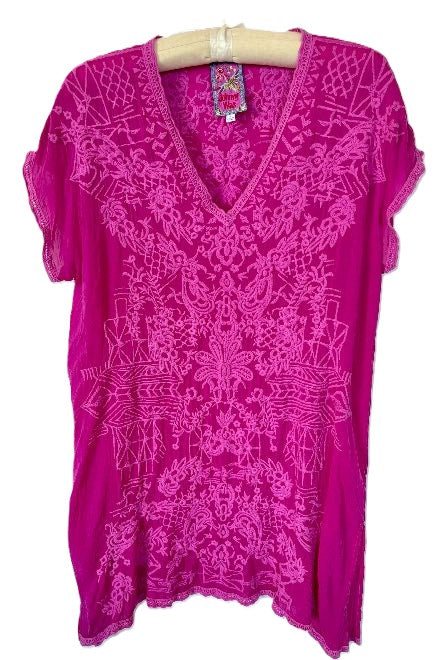 Tonal Embroidery Side Slit V-Neck Tunic -Pink