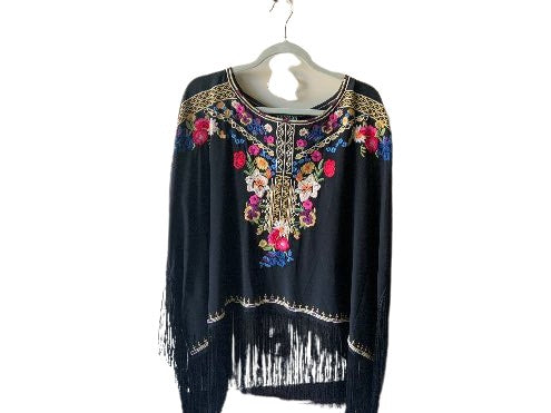 Floral Royal Fringe Poncho - Black