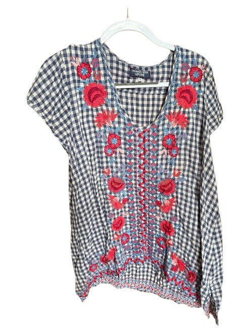 V-Neck Blouse with Embroidery and Scarf Hem - Plaid