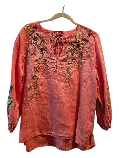 Linen long sleeve v neck shirt with floral embroidery and side slits
