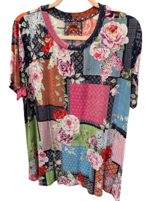 The Janie Favorite Short Sleeve Crew Neck Swing Tee - Rose Patch