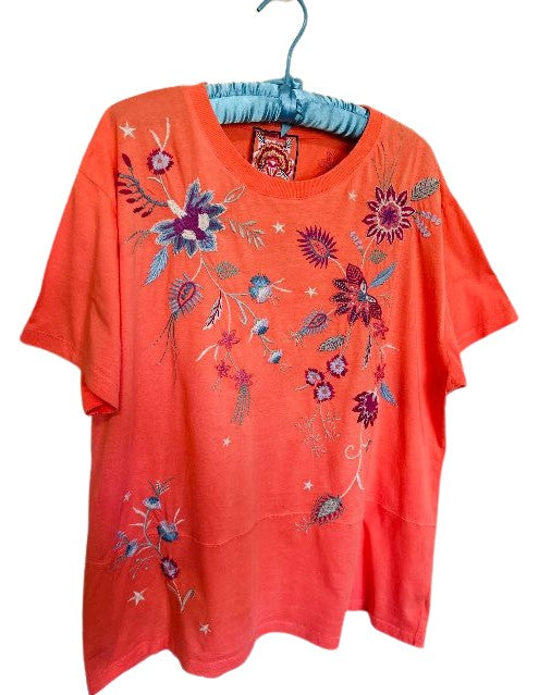 Phoebe Short Sleeve Seamed Relaxed Tee - Living Coral