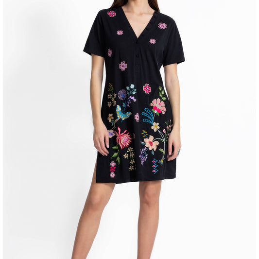 Button Neck Knit Dress - Black