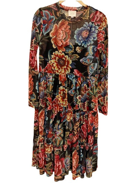 Long Sleeve Mesh Tiered Dress - Antiqua Flower Print