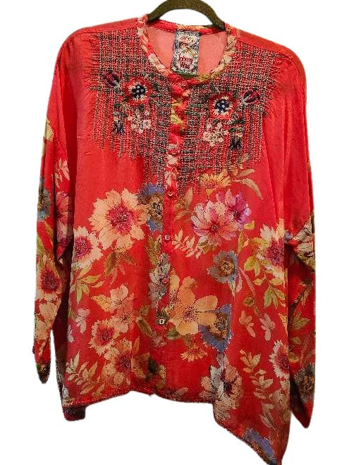 Long Sleeve Embroidered Button Down Tunic - Red Floral