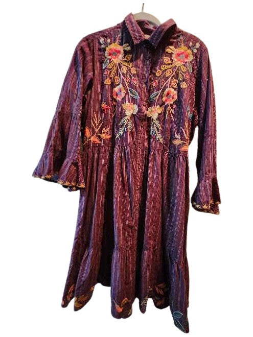 Cotton Long Full Sleeve Button Down Pin Striped Tiered Dress with Embroidery