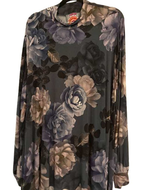 Grey Peony Puff Sleeve Mock Neck - Multi