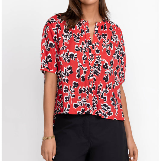 Shirred Neck Button Down Blouse - Poppy Red Garden Vines
