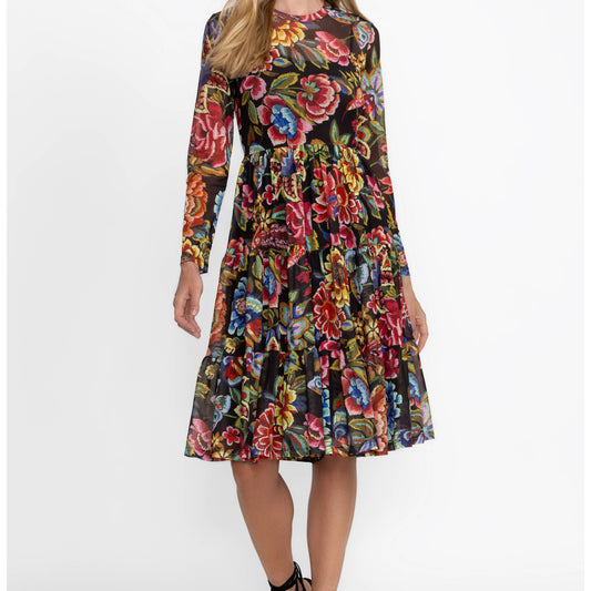 Long Sleeve Mesh Tiered Dress - Antiqua Flower Print