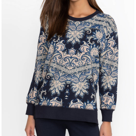 High Low Crew Neck Sweatshirt - Roman Paisey Scarf Print